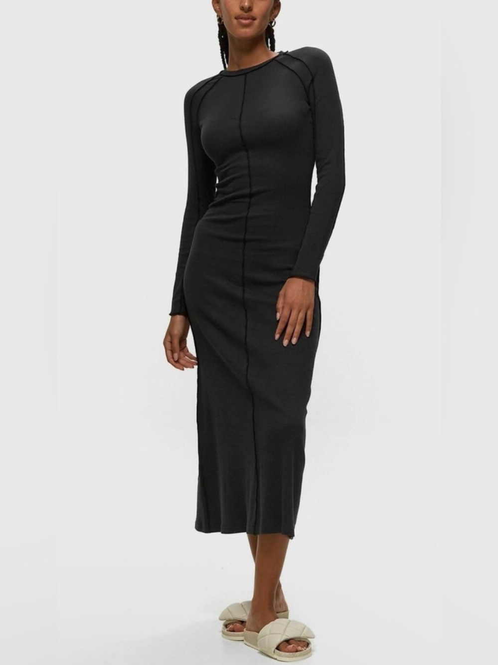 Samsoe Samsoe Sloan Long Sleeve Black Midi Bodycon Dress Ribbed Knit R15